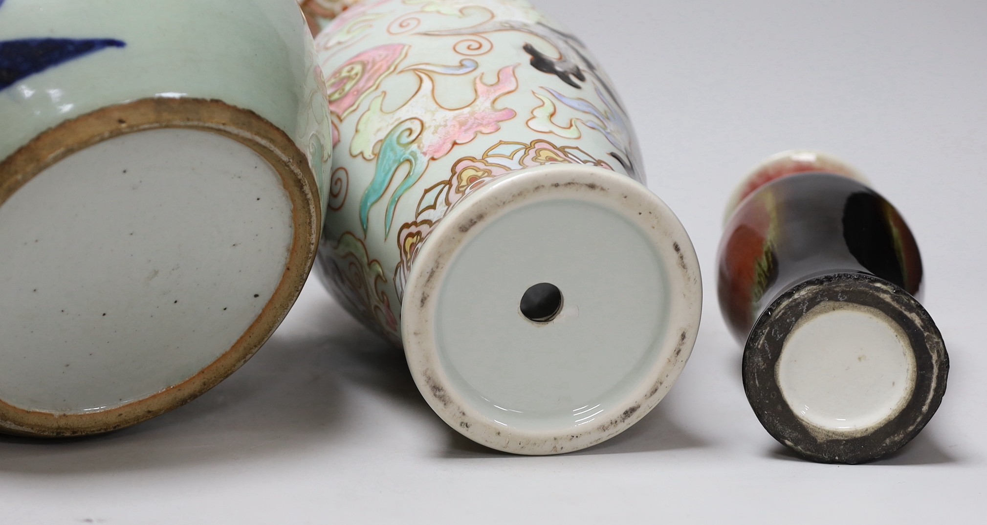 A Chinese blue and white celadon ground jar an enamelled porcelain vase and a flambe vase, tallest 42cms high (3)